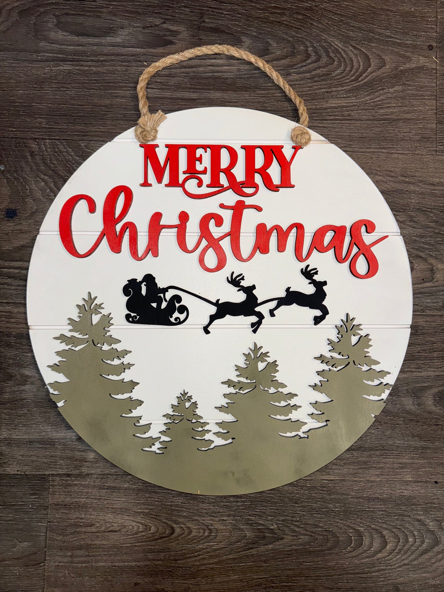 Merry Christmas sleigh and trees door hanger