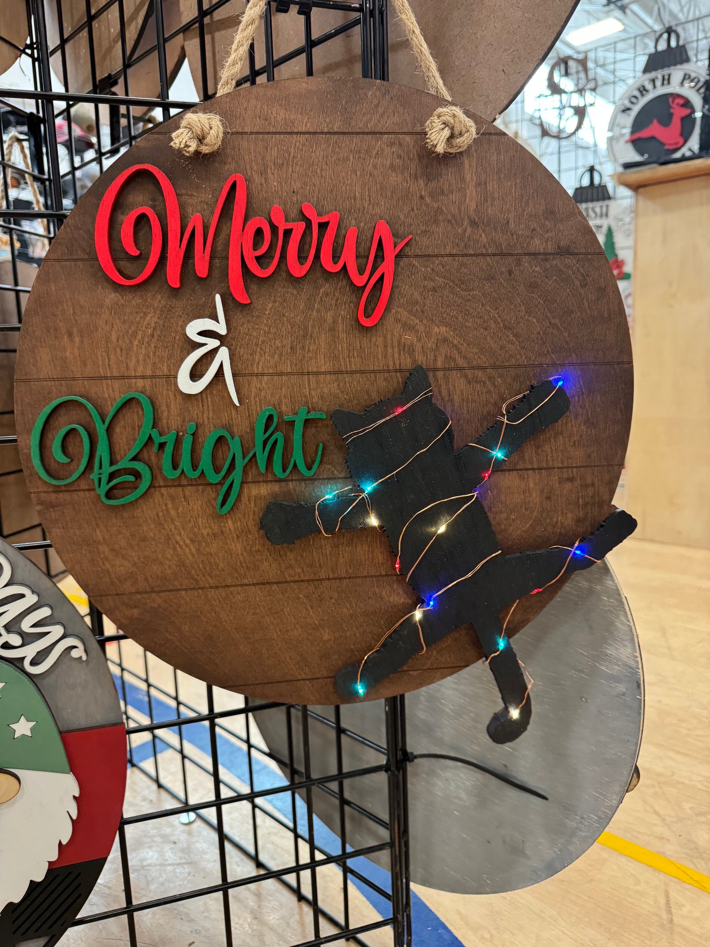Merry and bright light up door hanger brown back