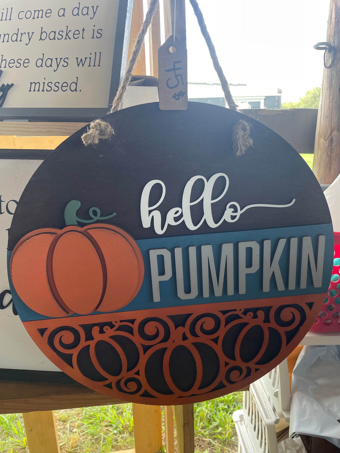 Hello pumpkin door hanger round