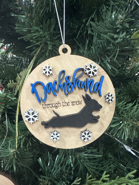 Dachshund through the snow ornament