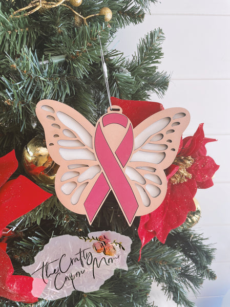 Breast cancer ribbon butterfly ornament