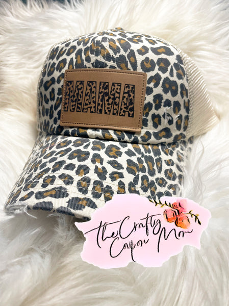 Leopard print mama ponytail hat